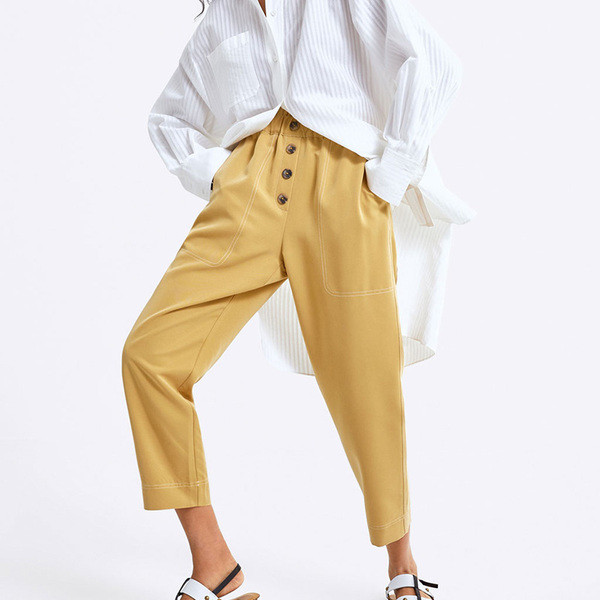 Pantaloni largi de dama cu talie inalta cu elastic si buzunare in trei culori