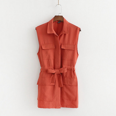 Cămașă de damă fără mâneci cu curea în talie și buzunare roz