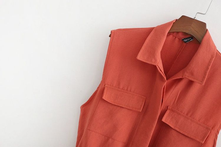 Cămașă de damă fără mâneci cu curea în talie și buzunare roz