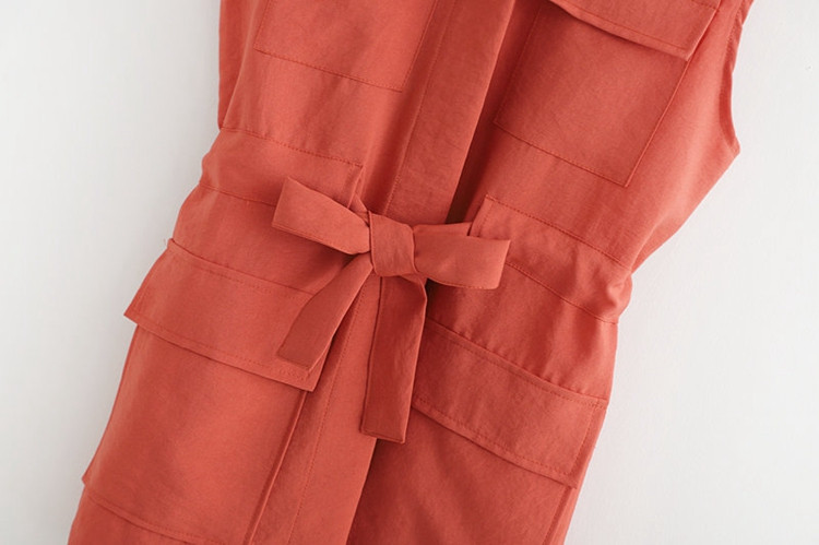 Cămașă de damă fără mâneci cu curea în talie și buzunare roz