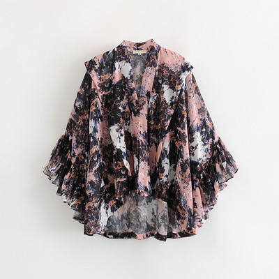 Широка дамска риза с лотос ръкав с флорален десен