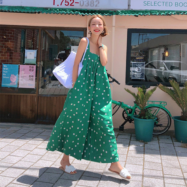 Salopeta de dama model nou in culoarea verde si alb cu puncte model lat