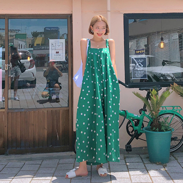 Salopeta de dama model nou in culoarea verde si alb cu puncte model lat