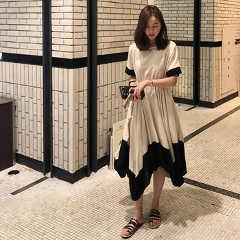 Rochie elegantă de damă, cu mâneci scurte și elastic în alb-negru