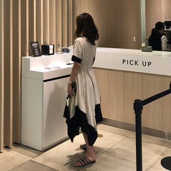 Rochie elegantă de damă, cu mâneci scurte și elastic în alb-negru