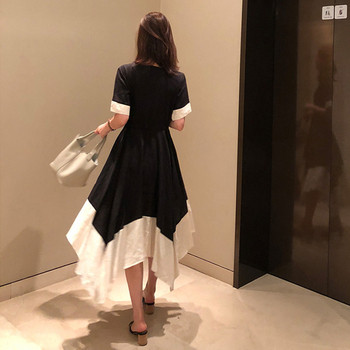 Rochie elegantă de damă, cu mâneci scurte și elastic în alb-negru