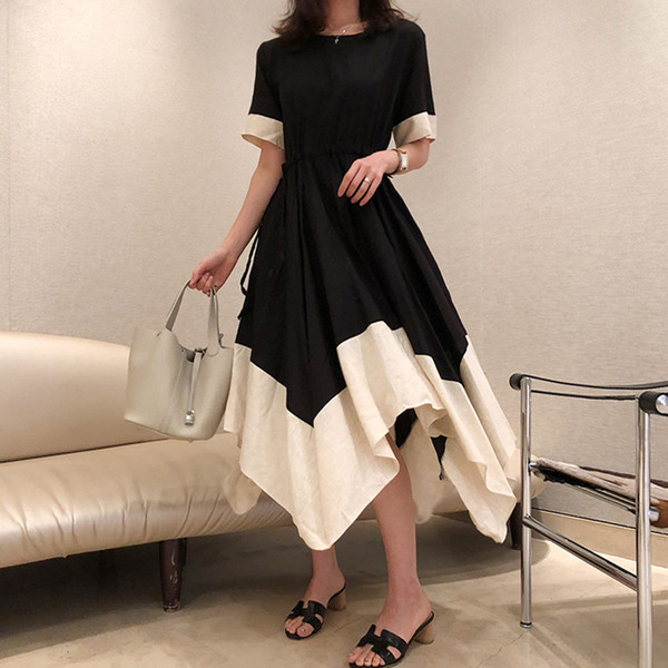 Rochie elegantă de damă, cu mâneci scurte și elastic în alb-negru