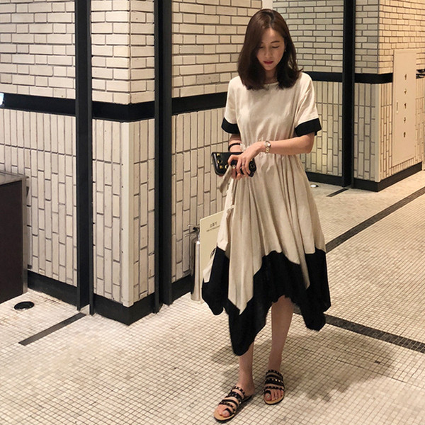 Rochie elegantă de damă, cu mâneci scurte și elastic în alb-negru