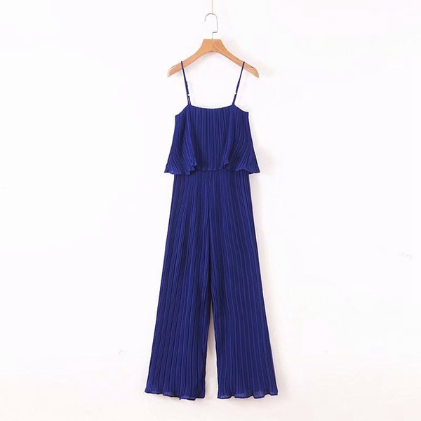 Salopetă de damă plisată cu bretele subțiri în albastru