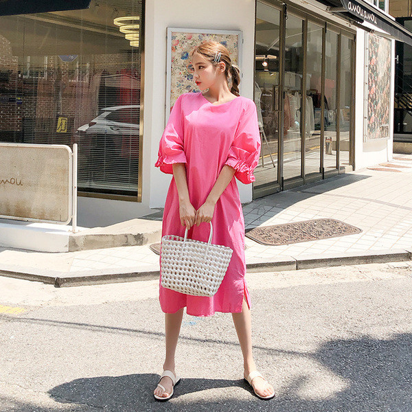 Rochie casual de dama cu maneci scurte si decolteu O in roz