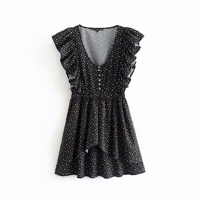 Női lezser rövid ruha széles ujjú fekete színben és mintával