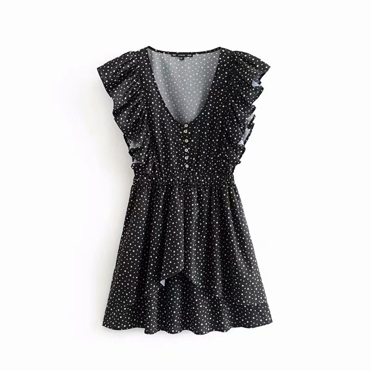 Női lezser rövid ruha széles ujjú fekete színben és mintával