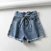 Blugi scurti de damă cu legături în talie în albastru