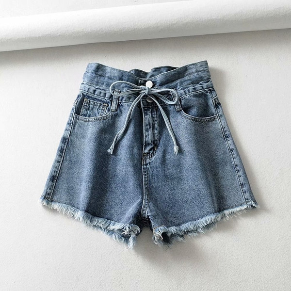 Blugi scurti de damă cu legături în talie în albastru