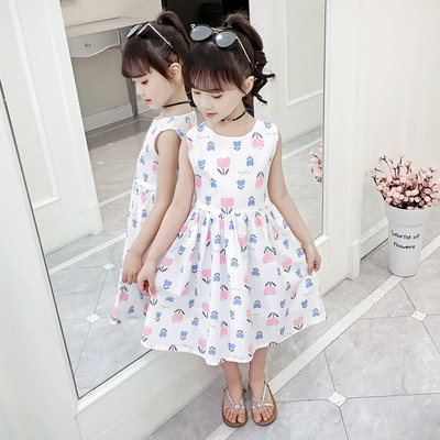 Модерна детска рокля с O-образно деколте и цветен принт в бял цвят