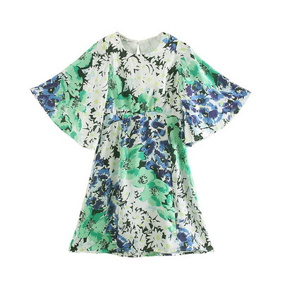 Rochie casual cu maneci lotus si talie elastica cu model floral