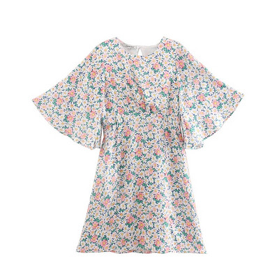 Rochie casual cu maneci lotus si talie elastica cu model floral