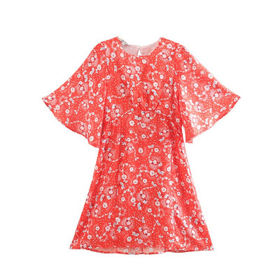 Rochie casual cu maneci lotus si talie elastica cu model floral