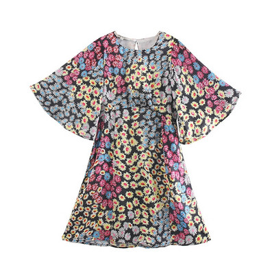 Rochie casual cu maneci lotus si talie elastica cu model floral