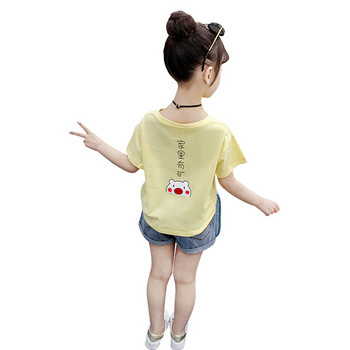 Ежедневна детска блуза за момичета с къс ръкав и апликация в три цвята 
