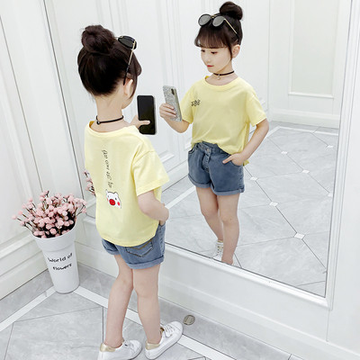 Ежедневна детска блуза за момичета с къс ръкав и апликация в три цвята 