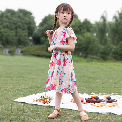 Rochie casual pentru copii cu umerii goi in doua culori cu model floral