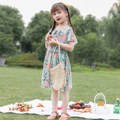 Rochie casual pentru copii cu umerii goi in doua culori cu model floral