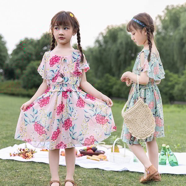 Rochie casual pentru copii cu umerii goi in doua culori cu model floral