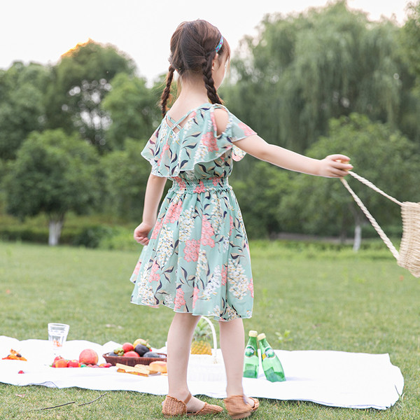 Rochie casual pentru copii cu umerii goi in doua culori cu model floral