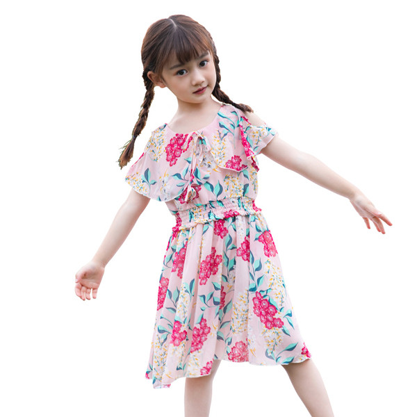 Rochie casual pentru copii cu umerii goi in doua culori cu model floral