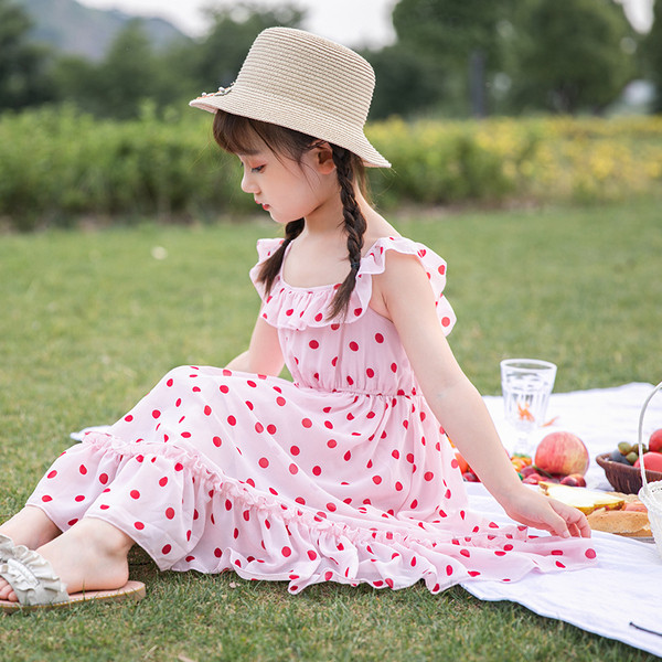 Rochie casual pentru copii cu maneci scurte cu puncte roz