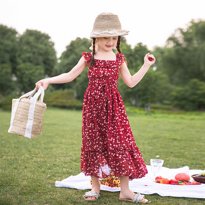 Rochie casual de dama cu bretele visiniu si motiv floral