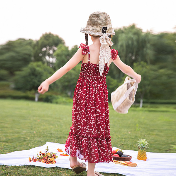 Rochie casual de dama cu bretele visiniu si motiv floral