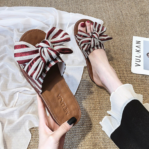 Papuci casual de dama cu panglica in doua culori si talpa plata