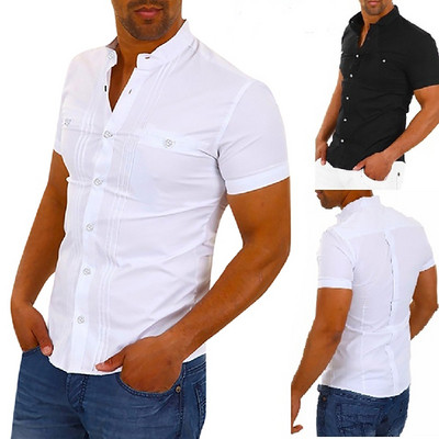 Модерна мъжка риза с къс ръкав в бял и черен цвят