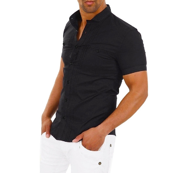 Cămașă modernă pentru bărbați cu mâneci scurte în alb și negru