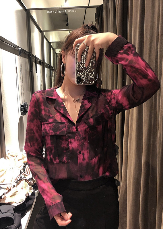 Дамска риза от тюл с дълъг ръкав в преливащи цветове 