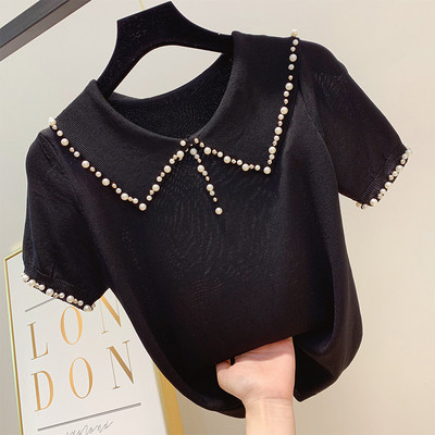 Дамска риза с къс ръкав и декорация перли в четири цвята