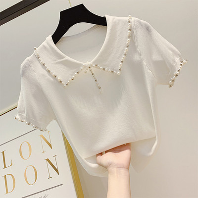 Дамска риза с къс ръкав и декорация перли в четири цвята