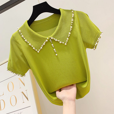 Дамска риза с къс ръкав и декорация перли в четири цвята