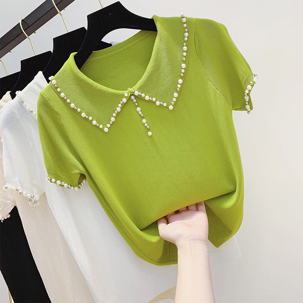 Дамска риза с къс ръкав и декорация перли в четири цвята