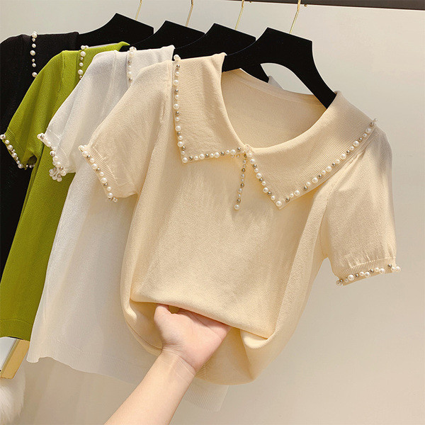 Дамска риза с къс ръкав и декорация перли в четири цвята