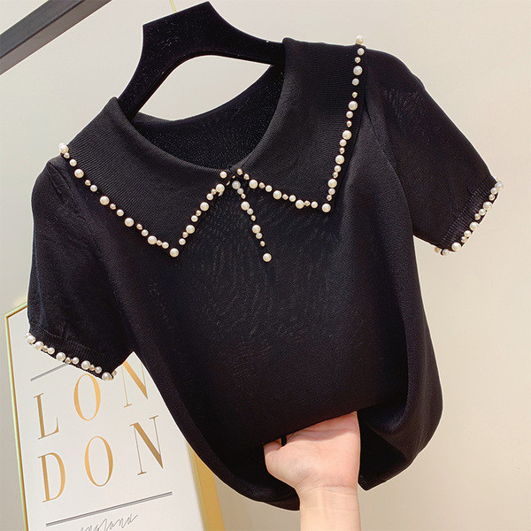 Дамска риза с къс ръкав и декорация перли в четири цвята