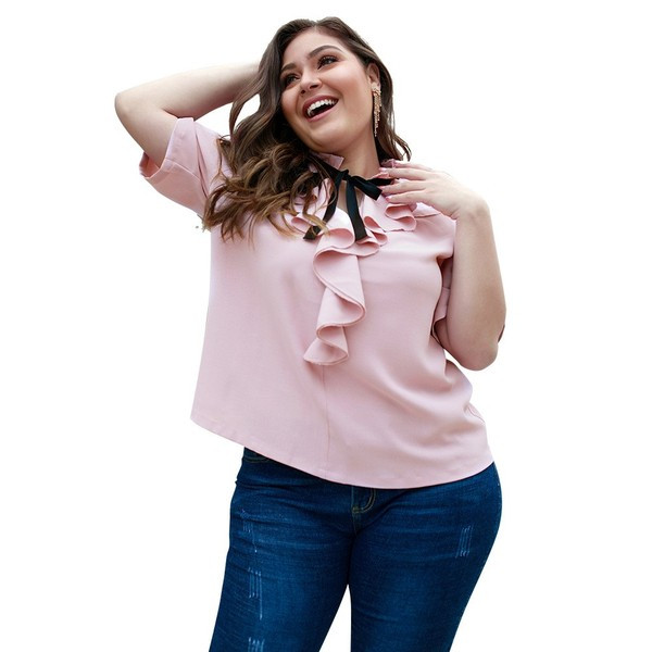 Bluză de damă modernă cu mâneci scurte și cravate în culoarea roz