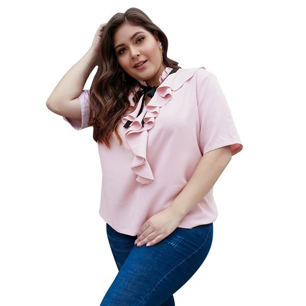 Bluză de damă modernă cu mâneci scurte și cravate în culoarea roz