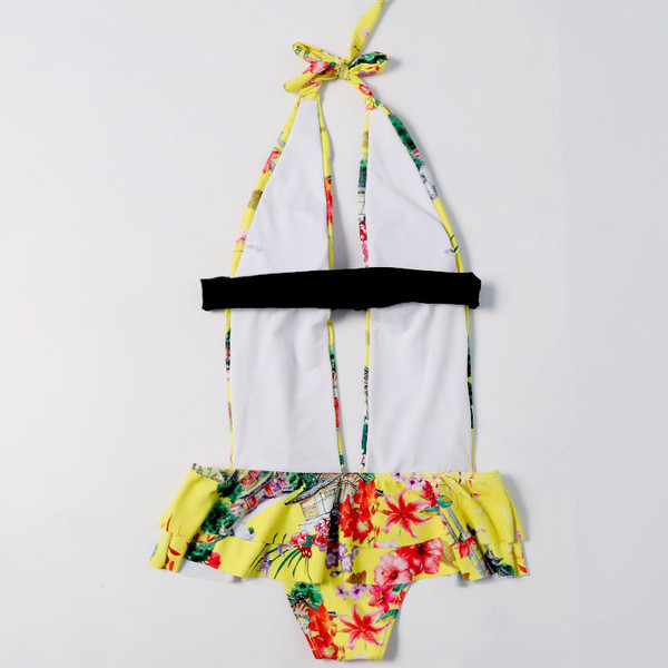 Costum de baie intreg model NOU cu model floral de culoare galbena