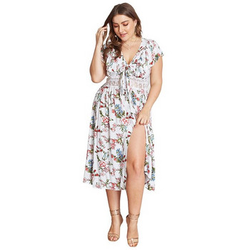 Rochie casual de dama cu maneci scurte si decolteu in V cu motiv floral in alb