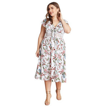 Rochie casual de dama cu maneci scurte si decolteu in V cu motiv floral in alb