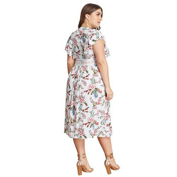 Rochie casual de dama cu maneci scurte si decolteu in V cu motiv floral in alb