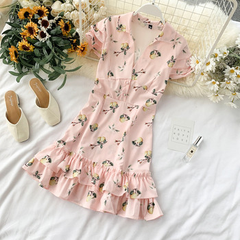 Rózsaszín és virágmintás rövid ujjú női ruha